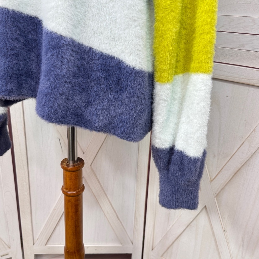 Aerie Flurry Rugby Stripes Fuzzy Oversized Crew Neck Sweater Blue Green‎ Medium - Picture 9 of 15